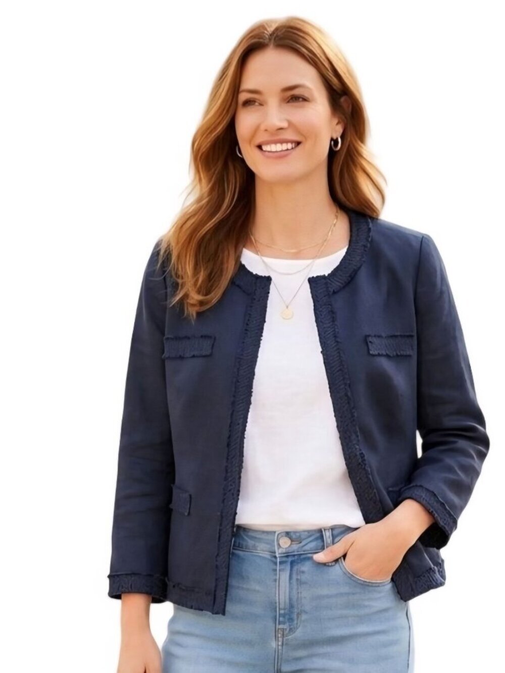 Talbots Navy Linen Blend Ruched Trim Snap Closure Lady Jacket Size 10p